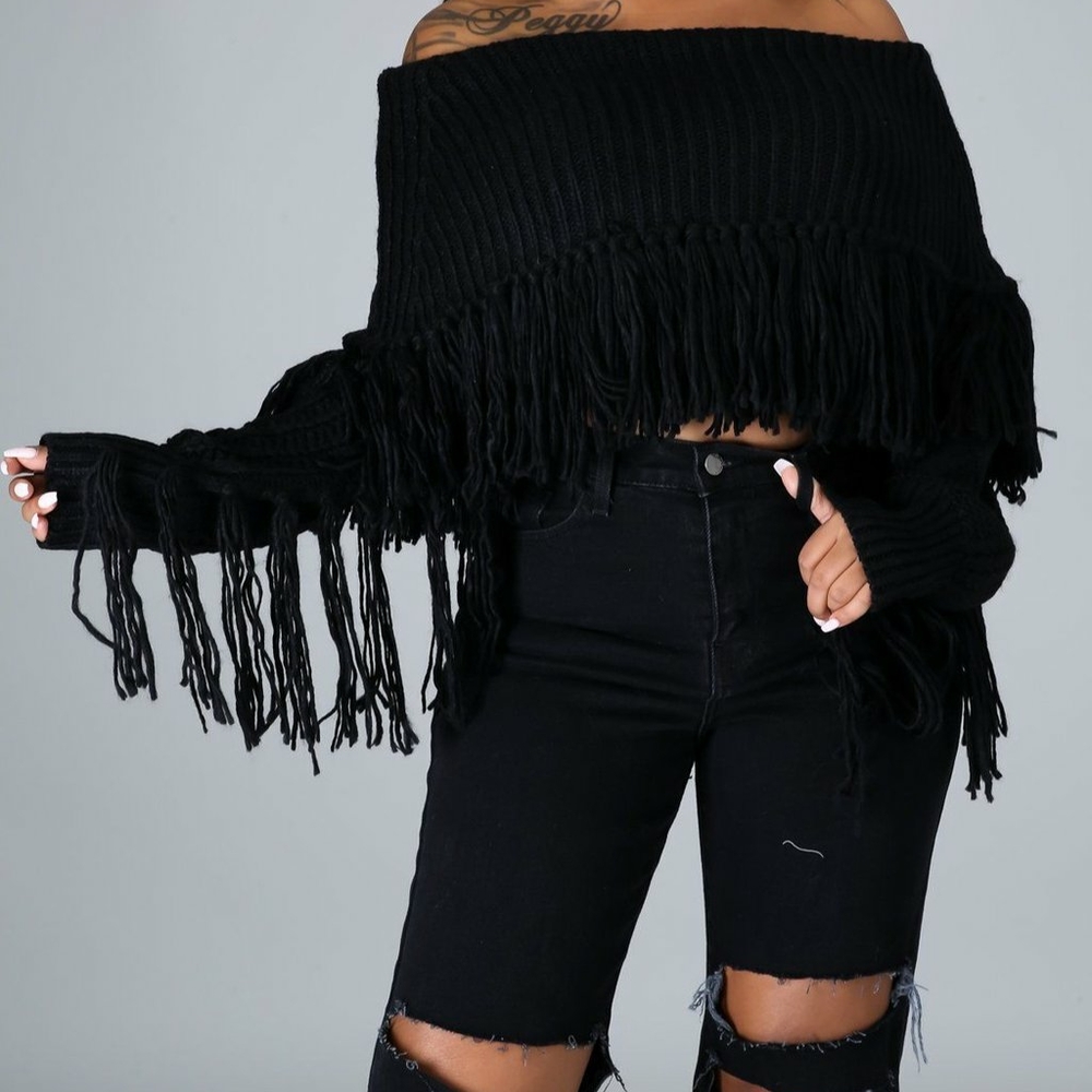 Black Fringe Crop Sweater